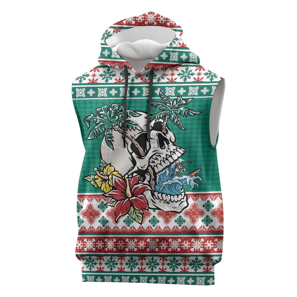 Hawaiian Skull Surfs Sleeveless Hoodie Mele Kalikimaka Palaka Quilt Pattern LT9 Green - Polynesian Pride