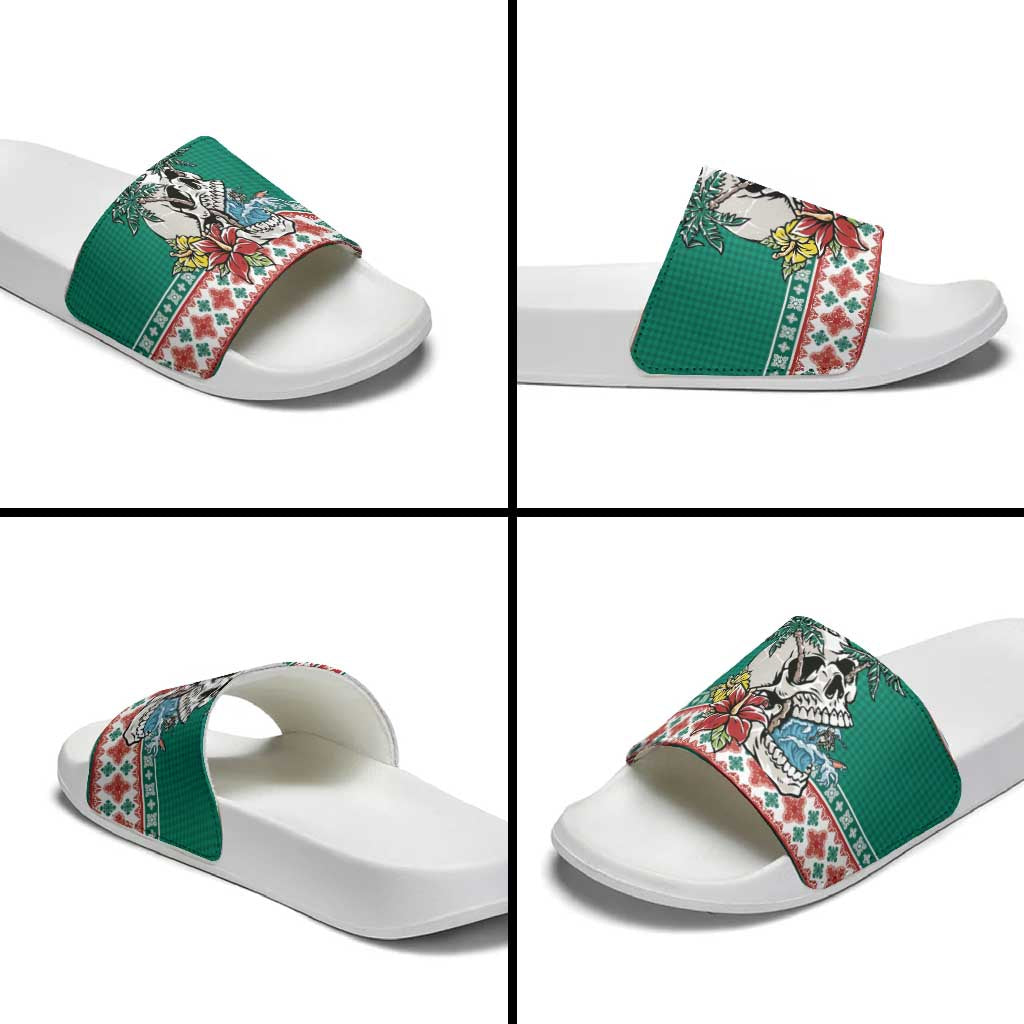 Hawaiian Skull Surfs Slide Sandals Mele Kalikimaka Palaka Quilt Pattern - Polynesian Pride