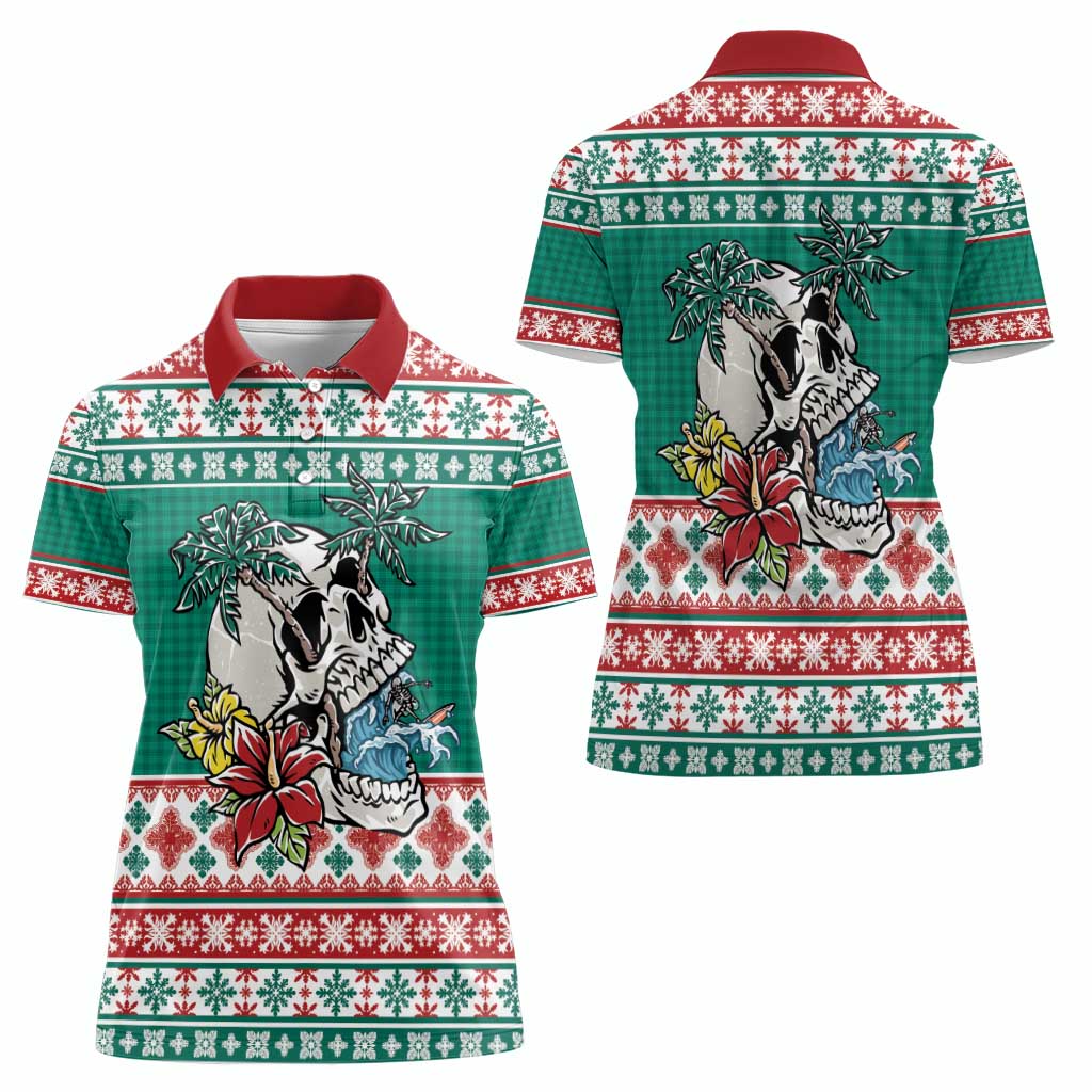 Hawaiian Skull Surfs Women Polo Shirt Mele Kalikimaka Palaka Quilt Pattern - Polynesian Pride