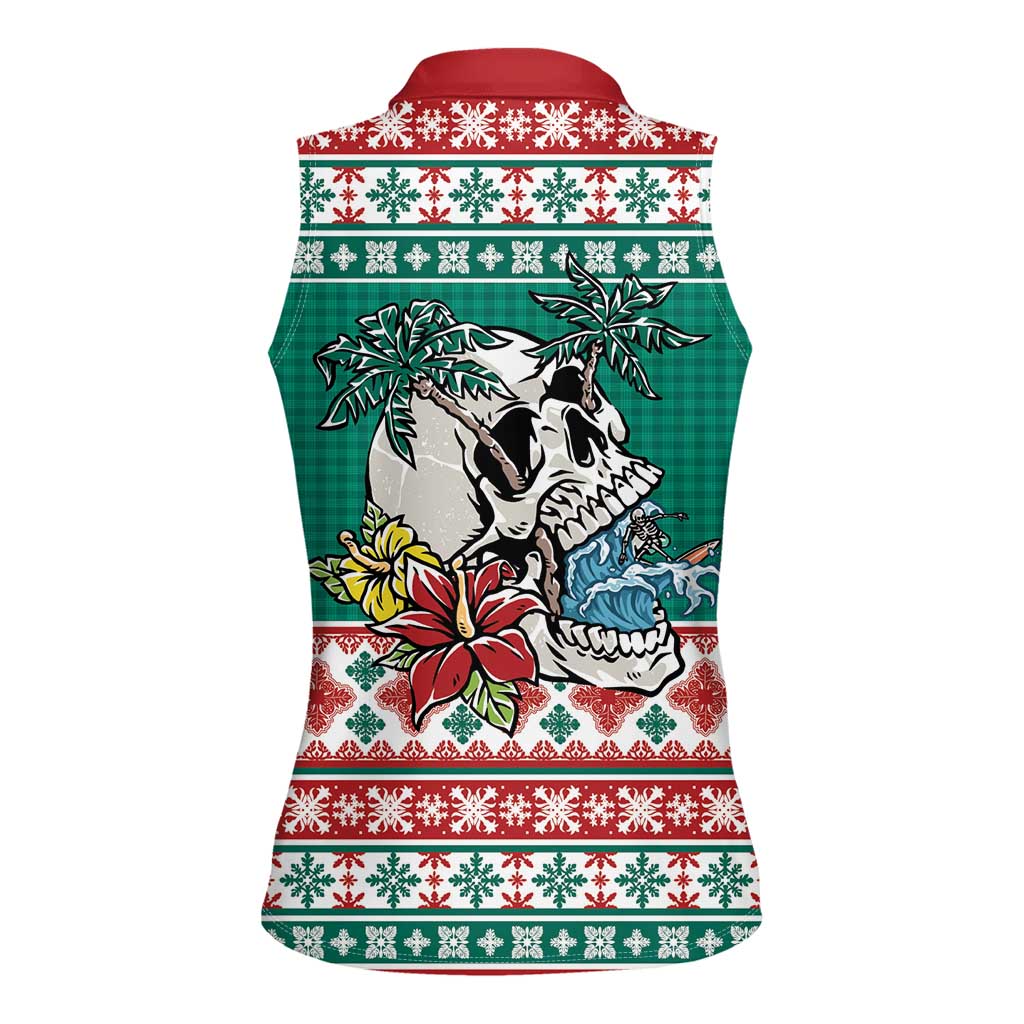 Hawaiian Skull Surfs Women Sleeveless Polo Shirt Mele Kalikimaka Palaka Quilt Pattern - Polynesian Pride