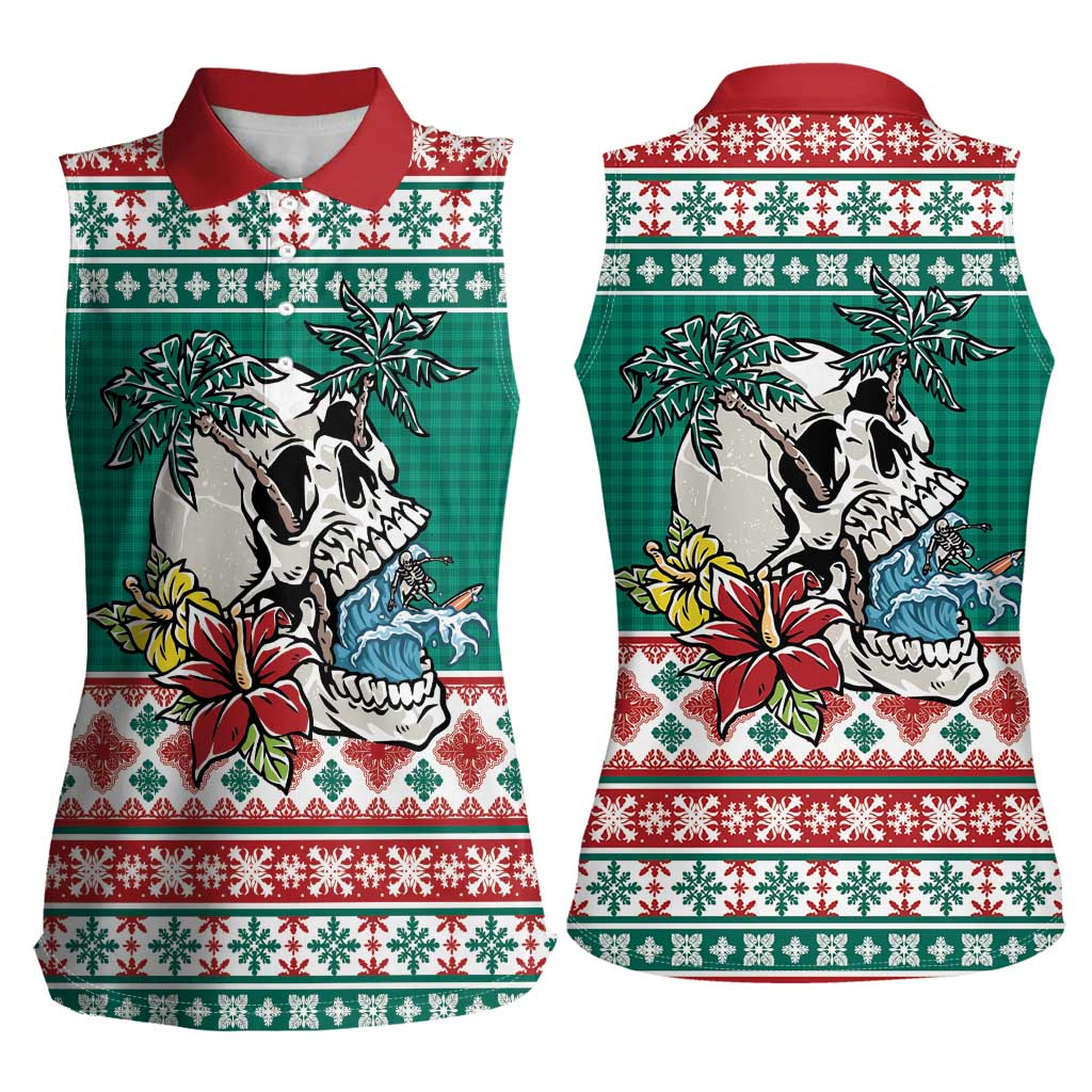 Hawaiian Skull Surfs Women Sleeveless Polo Shirt Mele Kalikimaka Palaka Quilt Pattern - Polynesian Pride