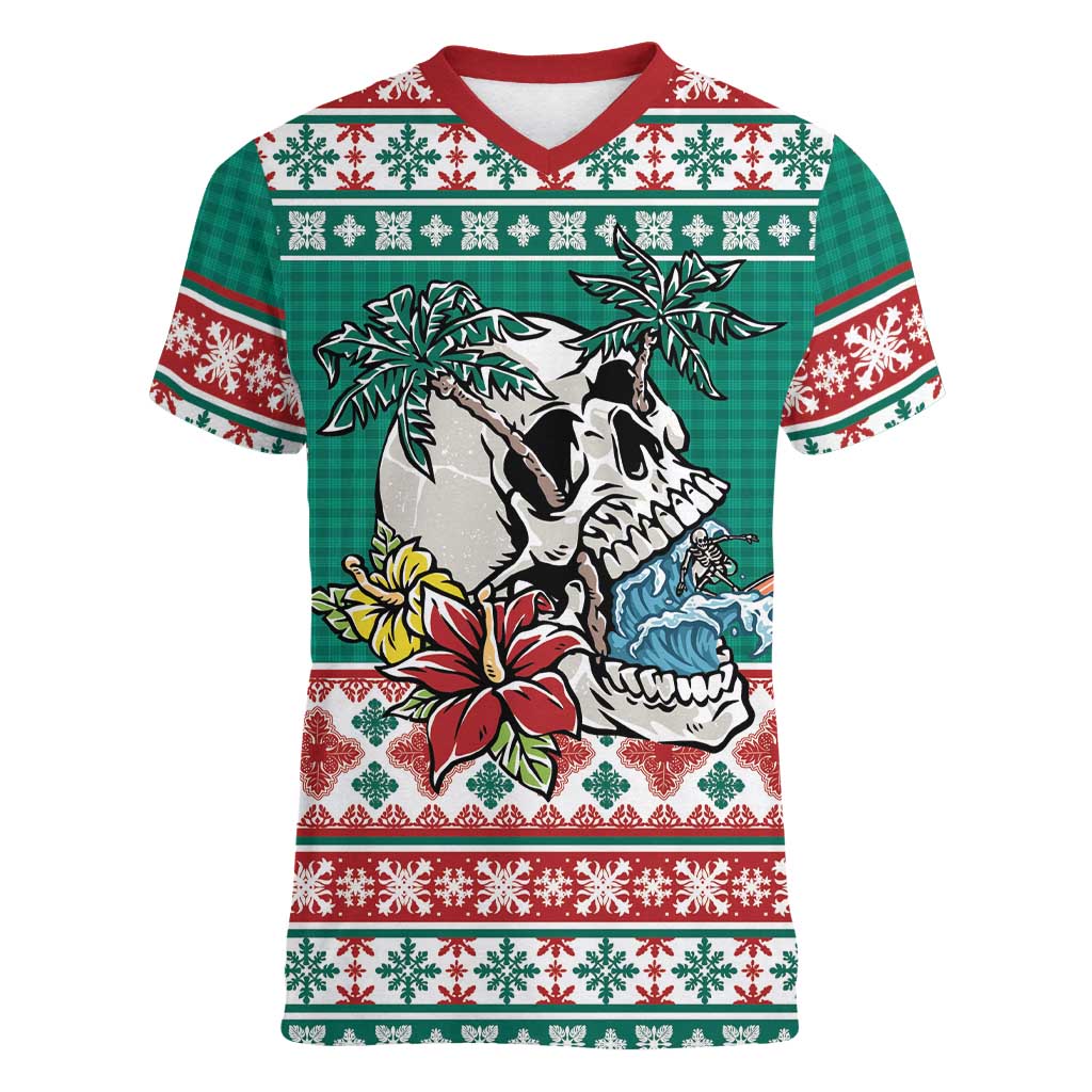 Hawaiian Skull Surfs Women V-Neck T-Shirt Mele Kalikimaka Palaka Quilt Pattern LT9 Female Green - Polynesian Pride