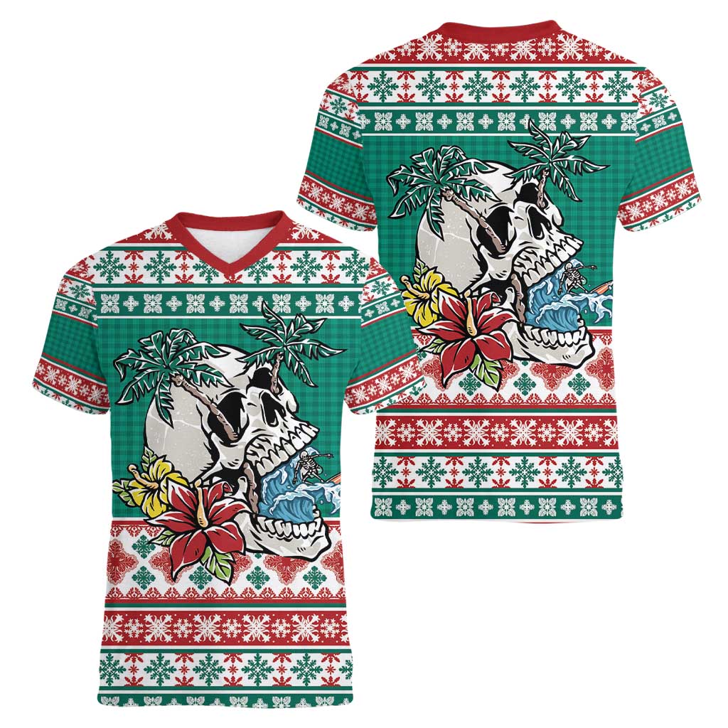 Hawaiian Skull Surfs Women V-Neck T-Shirt Mele Kalikimaka Palaka Quilt Pattern - Polynesian Pride