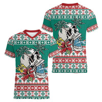 Hawaiian Skull Surfs Women V-Neck T-Shirt Mele Kalikimaka Palaka Quilt Pattern - Polynesian Pride