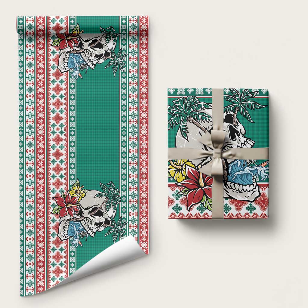 Hawaiian Skull Surfs Wrapping Paper Mele Kalikimaka Palaka Quilt Pattern LT9 58" × 23" Green - Polynesian Pride