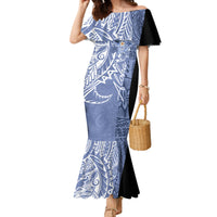 Aloha Vintage Hawaii Tribal Family Matching Mermaid Dress and Hawaiian Shirt Blue Style LT9 Mom's Dress Blue - Polynesian Pride