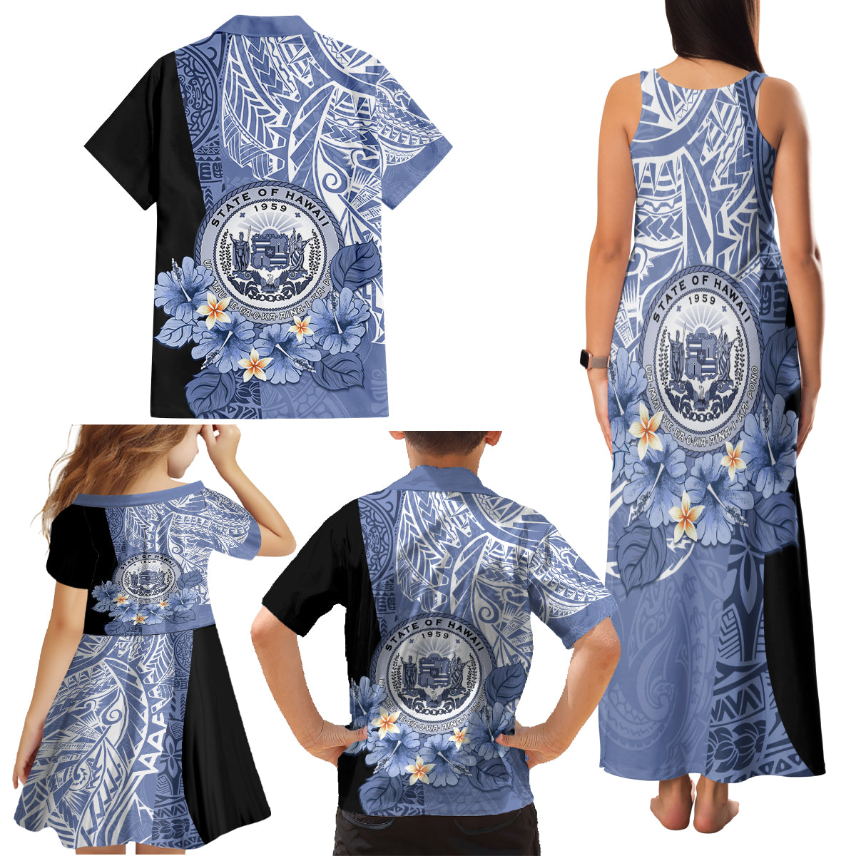 Aloha Vintage Hawaii Tribal Family Matching Tank Maxi Dress and Hawaiian Shirt Blue Style LT9 - Polynesian Pride
