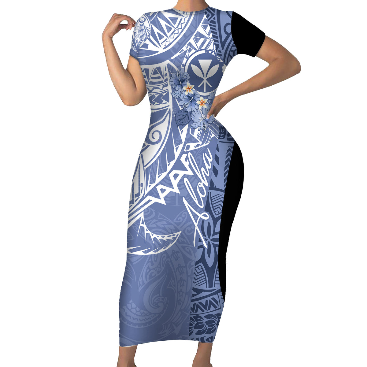Aloha Vintage Hawaii Tribal Short Sleeve Bodycon Dress Blue Style LT9 Long Dress Blue - Polynesian Pride