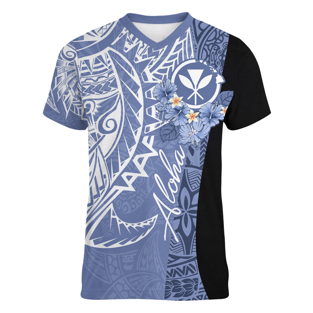 Aloha Vintage Hawaii Tribal Women V Neck T Shirt Blue Style LT9 Female Blue - Polynesian Pride
