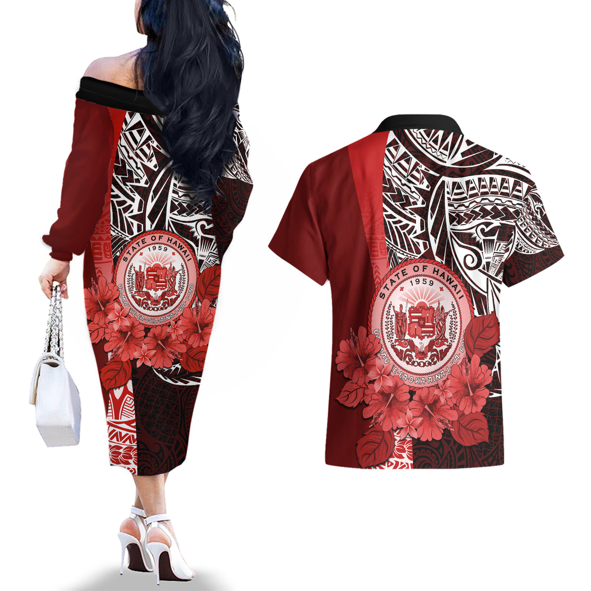 Aloha Vintage Hawaii Tribal Couples Matching Off The Shoulder Long Sleeve Dress and Hawaiian Shirt Red Style LT9 - Polynesian Pride