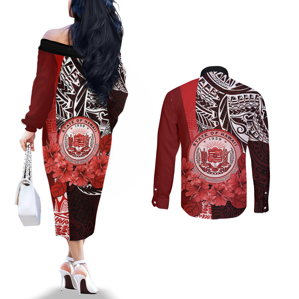 Aloha Vintage Hawaii Tribal Couples Matching Off The Shoulder Long Sleeve Dress and Long Sleeve Button Shirt Red Style LT9 - Polynesian Pride