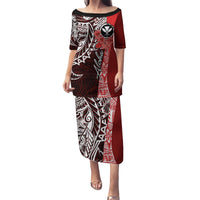 Aloha Vintage Hawaii Tribal Family Matching Puletasi Dress and Hawaiian Shirt Red Style LT9 Mom's Dress Red - Polynesian Pride