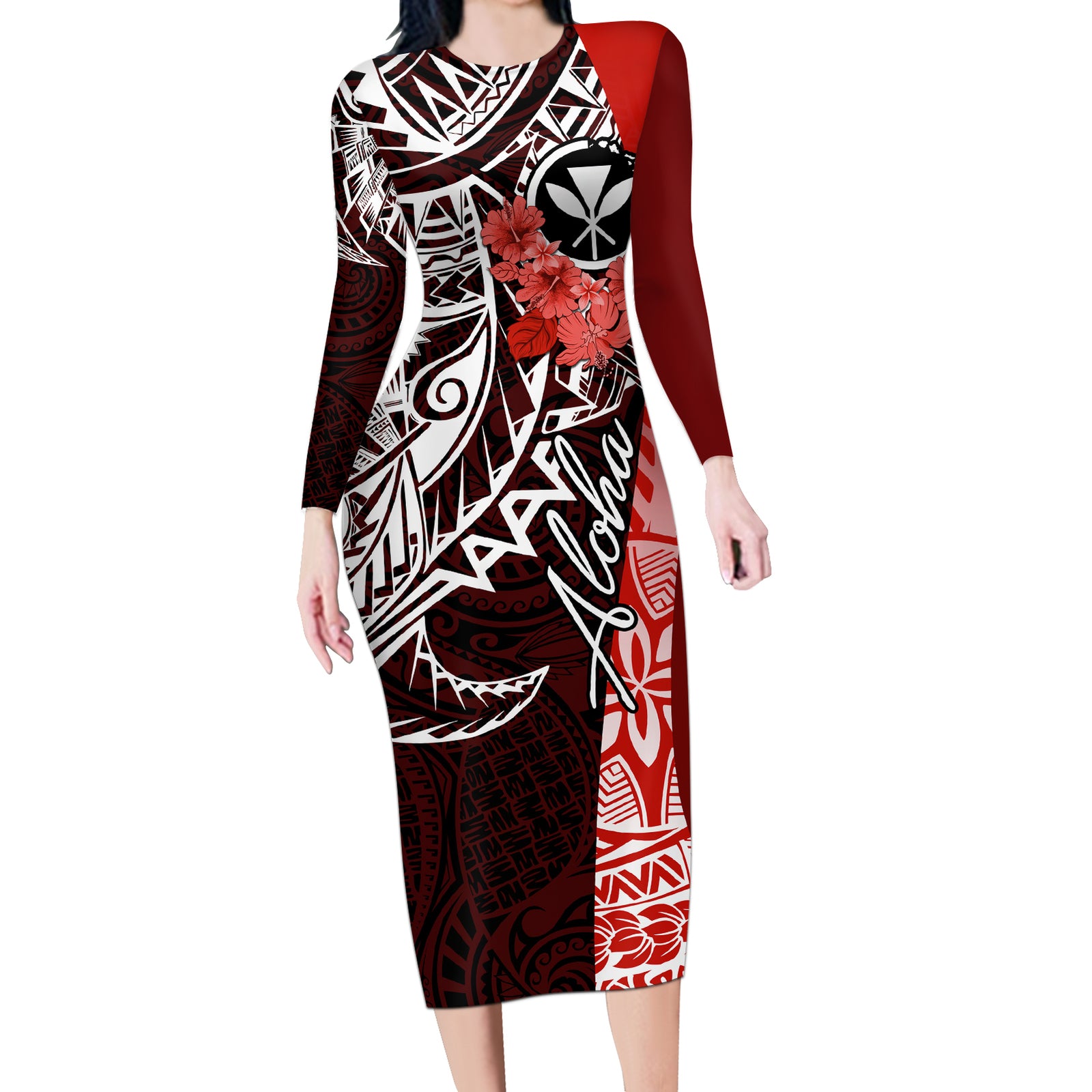 Aloha Vintage Hawaii Tribal Long Sleeve Bodycon Dress Red Style LT9 Long Dress Red - Polynesian Pride