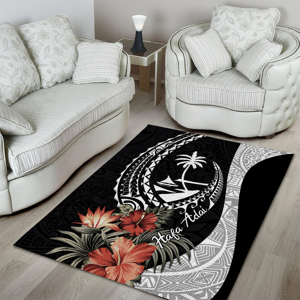 Hafa Adai Guam Area Rug Tropical Flowers with Polynesian Pattern LT9 - Polynesian Pride