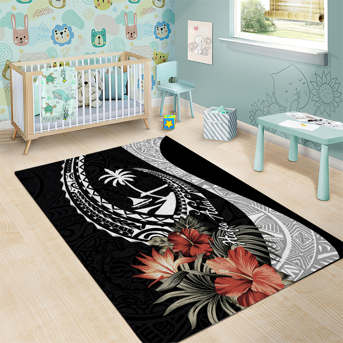 Hafa Adai Guam Area Rug Tropical Flowers with Polynesian Pattern LT9 - Polynesian Pride