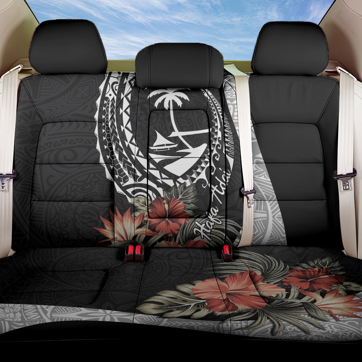 Hafa Adai Guam Back Car Seat Cover Tropical Flowers with Polynesian Pattern LT9 One Size Black - Polynesian Pride