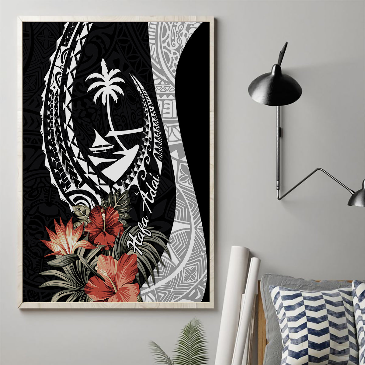 Hafa Adai Guam Canvas Wall Art Tropical Flowers with Polynesian Pattern LT9 - Polynesian Pride