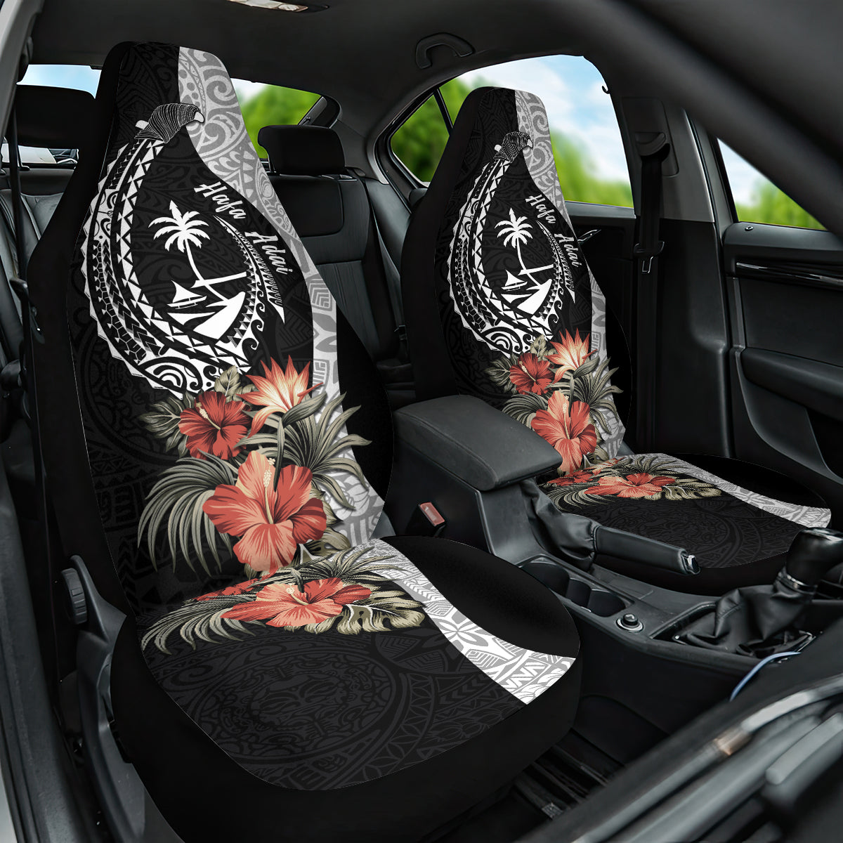 Hafa Adai Guam Car Seat Cover Tropical Flowers with Polynesian Pattern LT9 One Size Black - Polynesian Pride