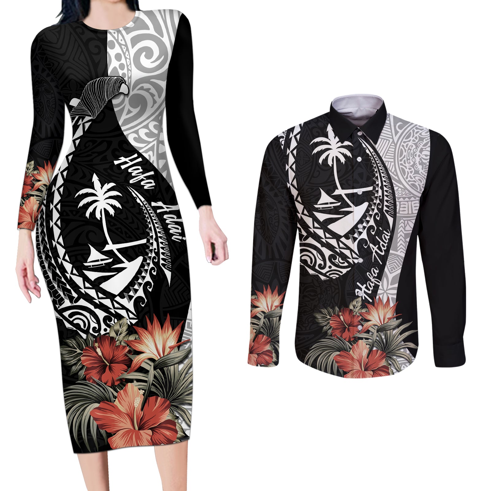 Hafa Adai Guam Couples Matching Long Sleeve Bodycon Dress and Long Sleeve Button Shirt Tropical Flowers with Polynesian Pattern LT9 Black - Polynesian Pride
