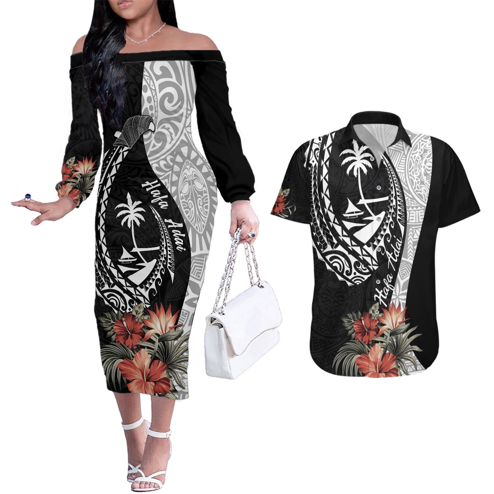 Hafa Adai Guam Couples Matching Off The Shoulder Long Sleeve Dress and Hawaiian Shirt Tropical Flowers with Polynesian Pattern LT9 Black - Polynesian Pride