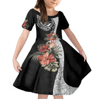 Hafa Adai Guam Family Matching Tank Maxi Dress and Hawaiian Shirt Tropical Flowers with Polynesian Pattern LT9 Daughter's Dress Black - Polynesian Pride
