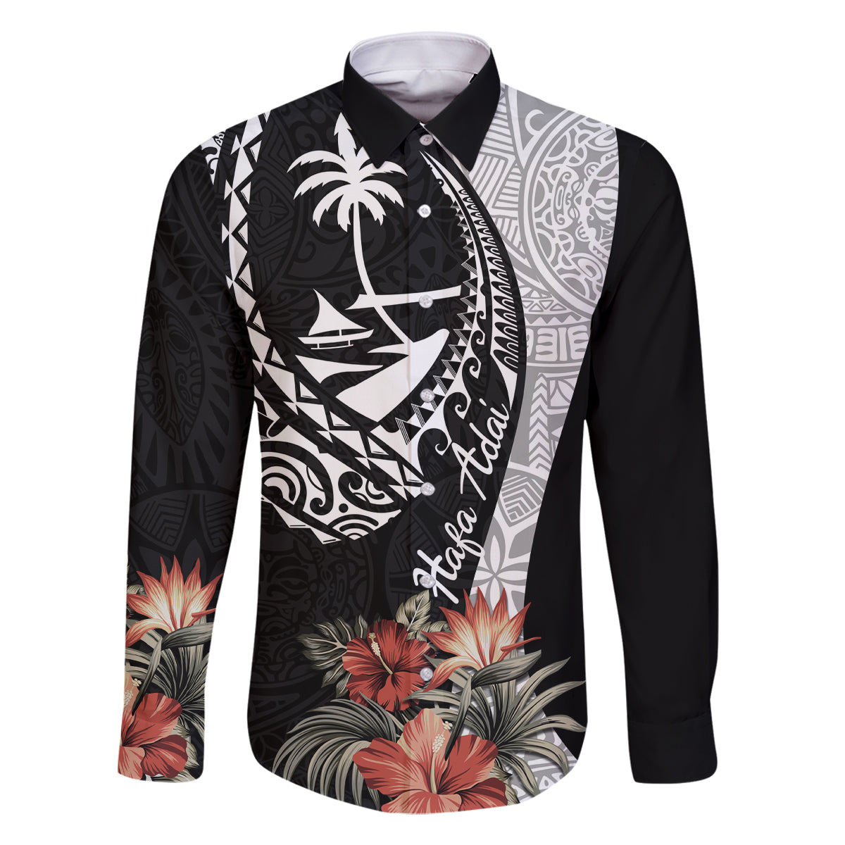 Hafa Adai Guam Family Matching Tank Maxi Dress and Hawaiian Shirt Tropical Flowers with Polynesian Pattern LT9 Dad's Shirt - Long Sleeve Black - Polynesian Pride