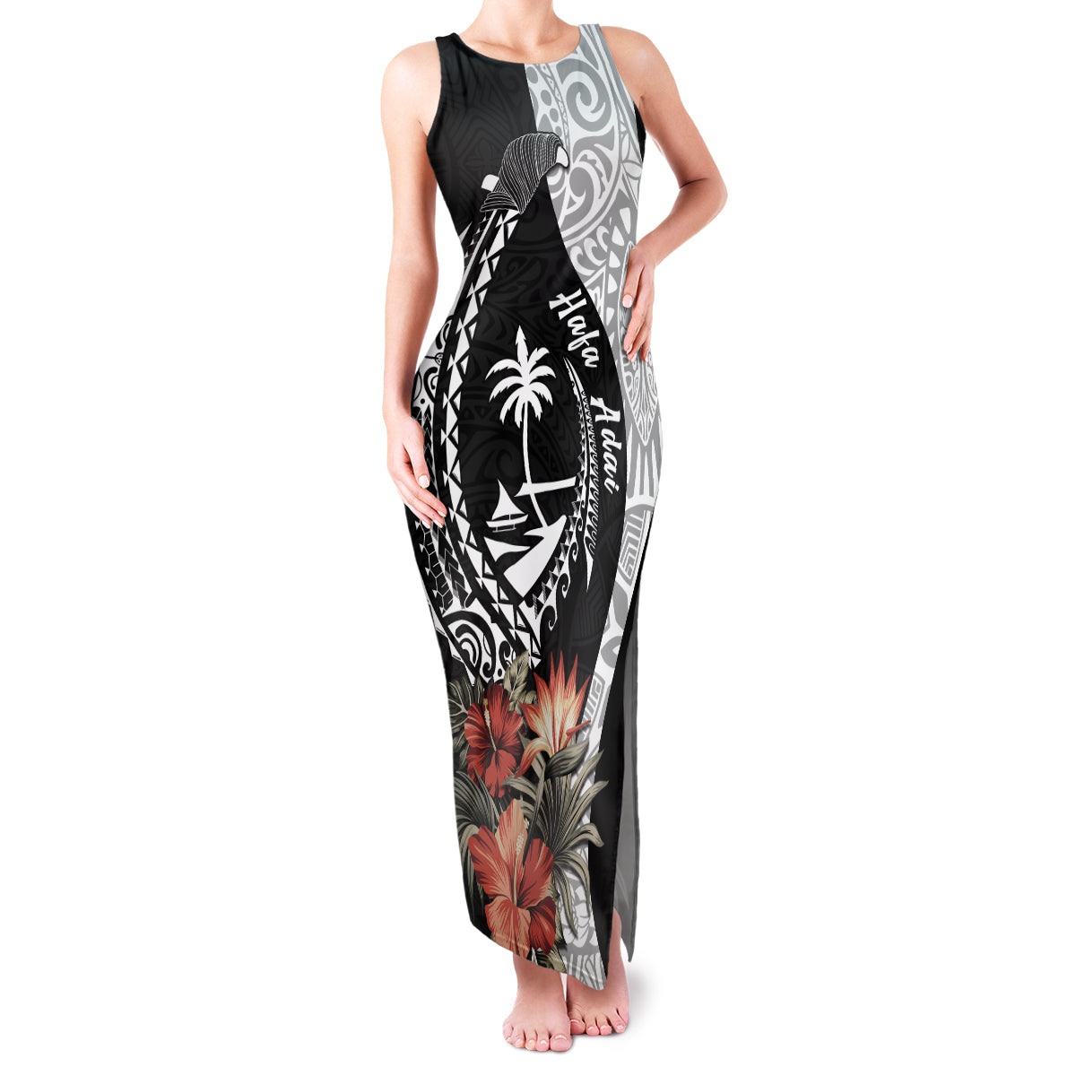 Hafa Adai Guam Family Matching Tank Maxi Dress and Hawaiian Shirt Tropical Flowers with Polynesian Pattern LT9 Mom's Dress Black - Polynesian Pride