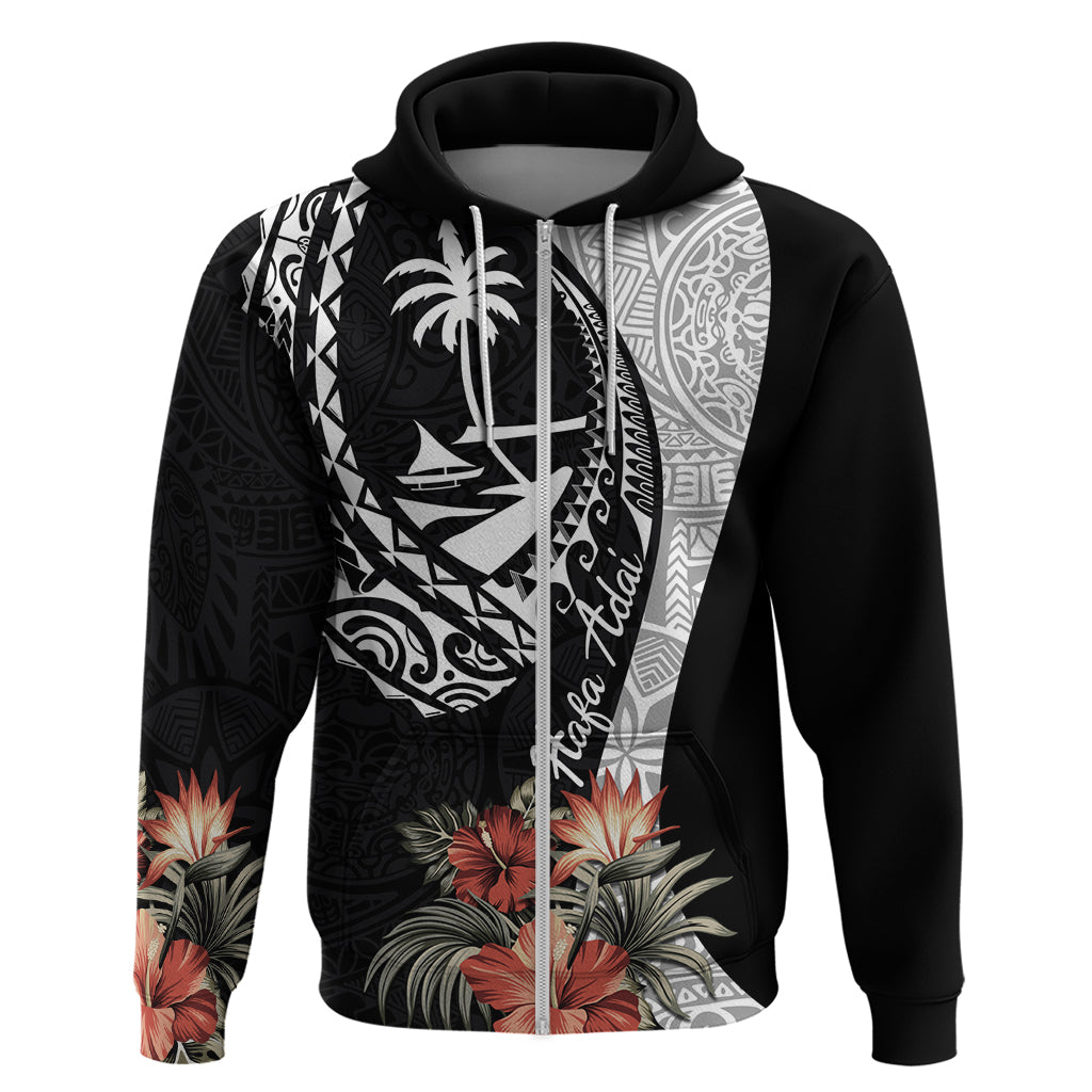 Hafa Adai Guam Hoodie Tropical Flowers with Polynesian Pattern LT9 Zip Hoodie Black - Polynesian Pride