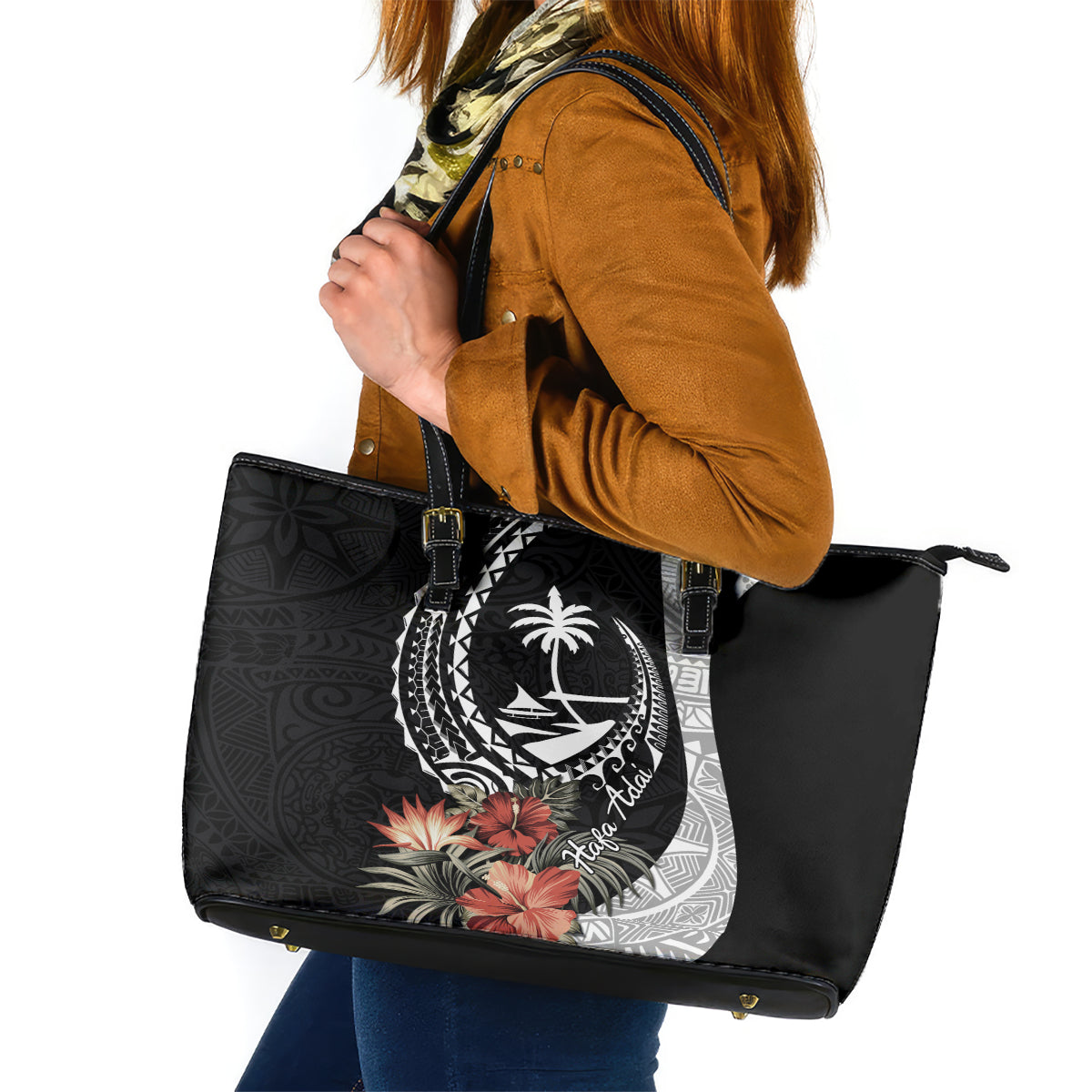 Hafa Adai Guam Leather Tote Bag Tropical Flowers with Polynesian Pattern LT9 Black - Polynesian Pride