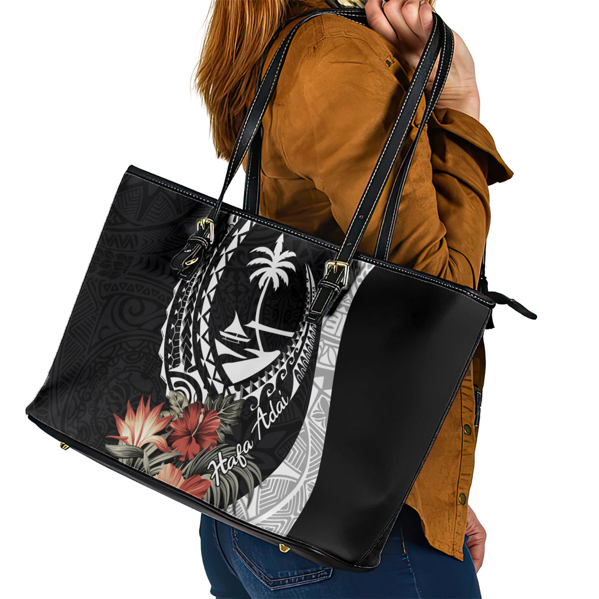 Hafa Adai Guam Leather Tote Bag Tropical Flowers with Polynesian Pattern LT9 - Polynesian Pride