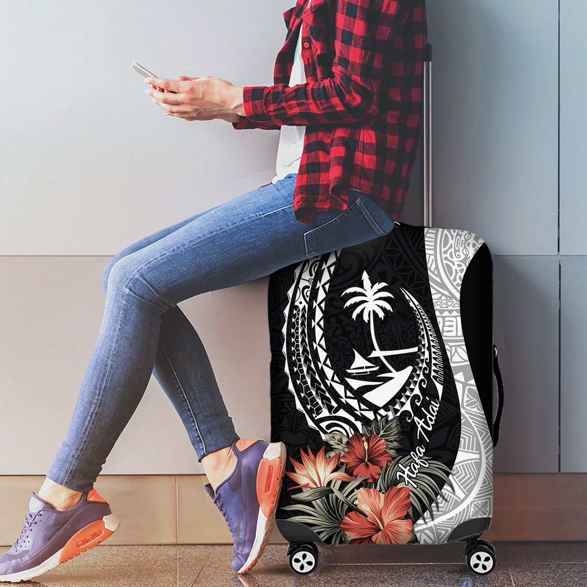 Hafa Adai Guam Luggage Cover Tropical Flowers with Polynesian Pattern LT9 - Polynesian Pride