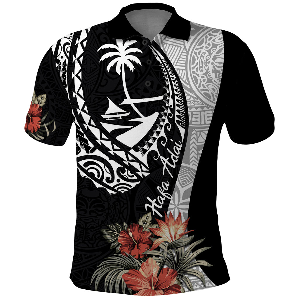 Hafa Adai Guam Polo Shirt Tropical Flowers with Polynesian Pattern LT9 Black - Polynesian Pride