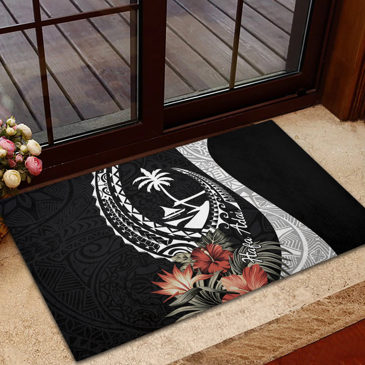 Hafa Adai Guam Rubber Doormat Tropical Flowers with Polynesian Pattern LT9 - Polynesian Pride