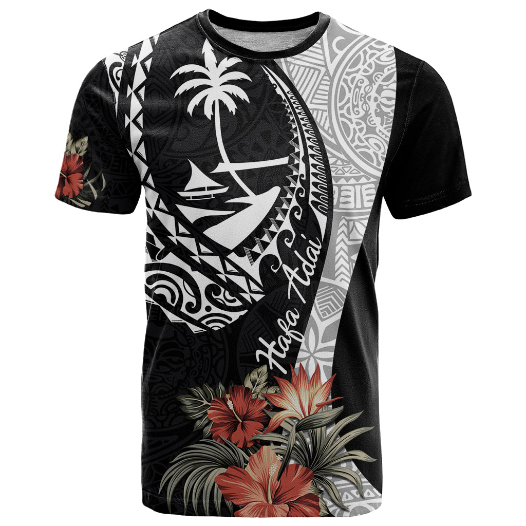 Hafa Adai Guam T Shirt Tropical Flowers with Polynesian Pattern LT9 Black - Polynesian Pride