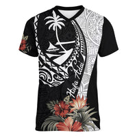 Hafa Adai Guam Women V Neck T Shirt Tropical Flowers with Polynesian Pattern LT9 Female Black - Polynesian Pride