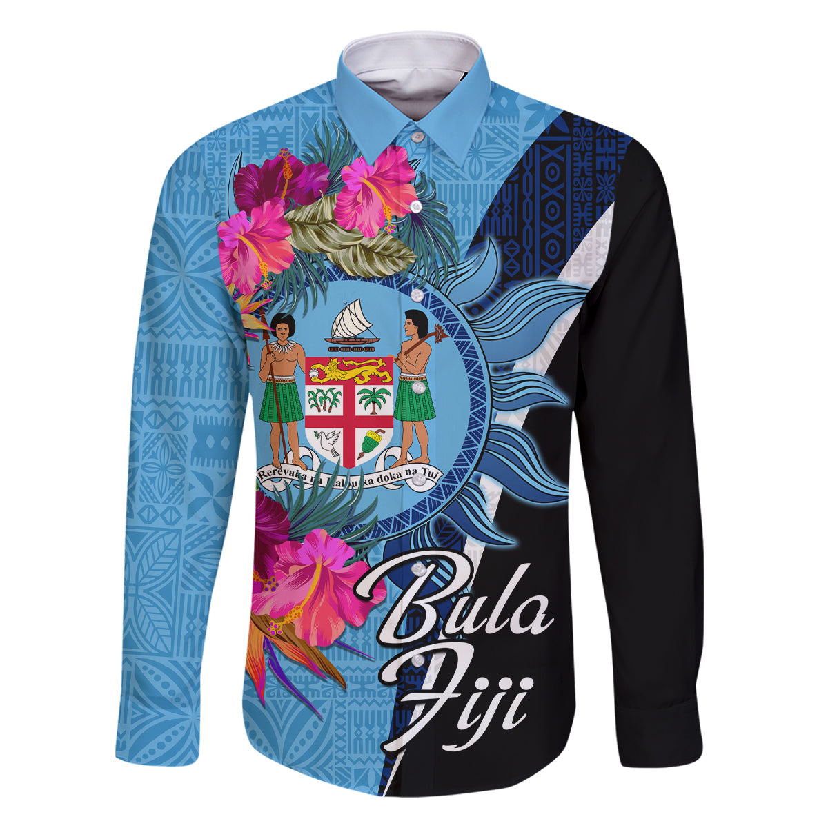 Bula Fiji Vintage Fijian Masi Pattern Family Matching Mermaid Dress and Hawaiian Shirt Blue Unique LT9 Dad's Shirt - Long Sleeve Blue - Polynesian Pride