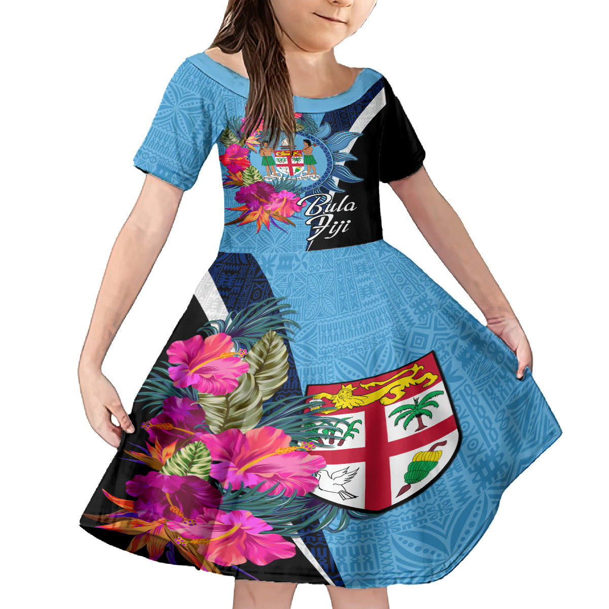 Bula Fiji Vintage Fijian Masi Pattern Family Matching Summer Maxi Dress and Hawaiian Shirt Blue Unique LT9 Daughter's Dress Blue - Polynesian Pride