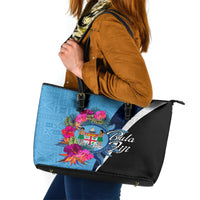 Bula Fiji Vintage Fijian Masi Pattern Leather Tote Bag Blue Unique LT9 Blue - Polynesian Pride