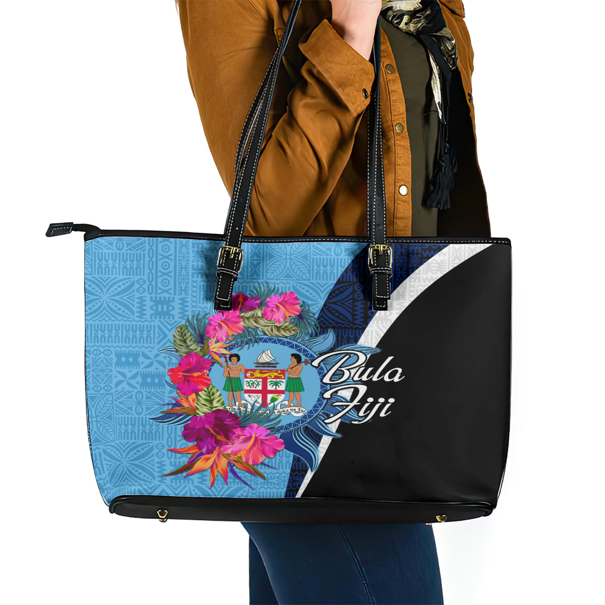 Bula Fiji Vintage Fijian Masi Pattern Leather Tote Bag Blue Unique LT9 - Polynesian Pride