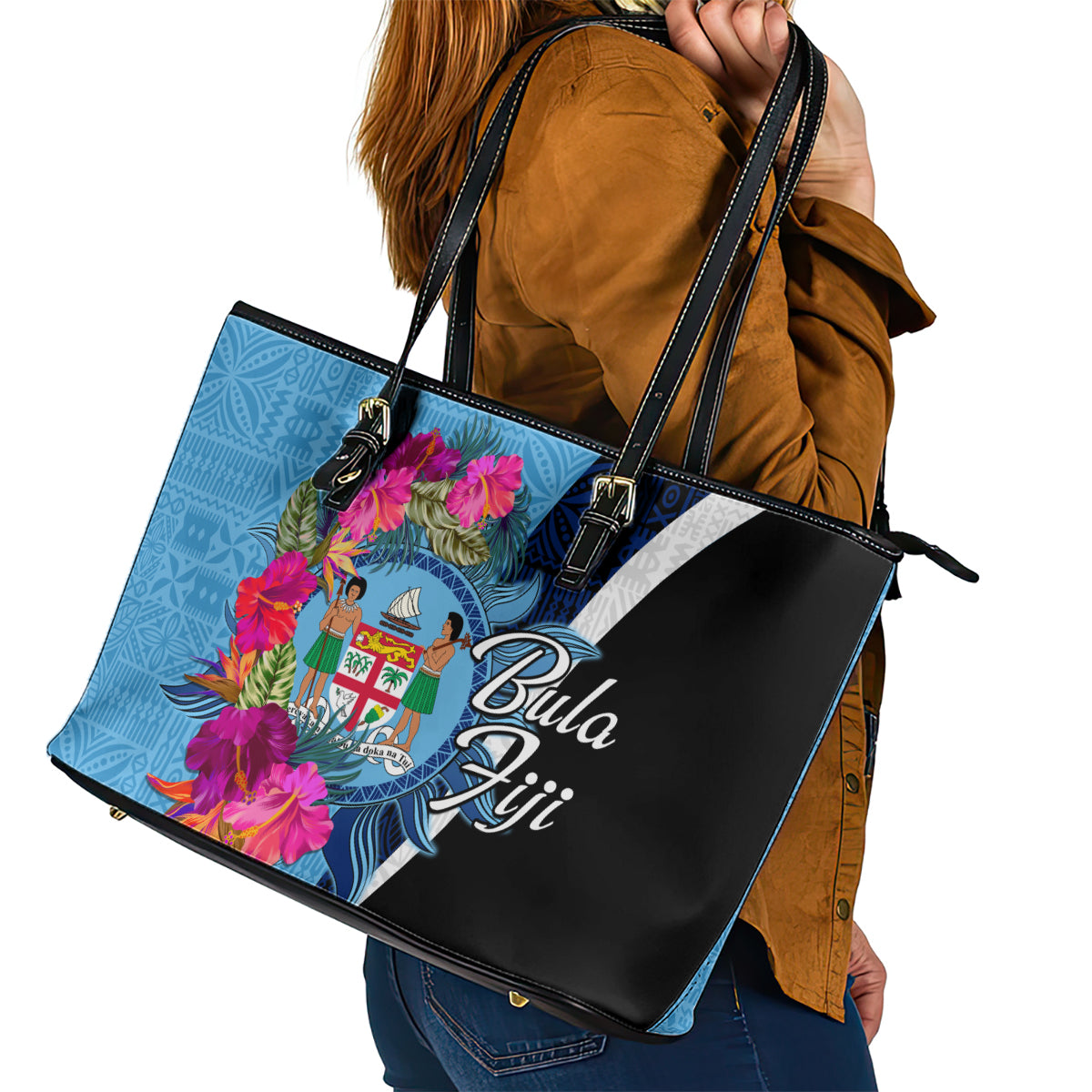 Bula Fiji Vintage Fijian Masi Pattern Leather Tote Bag Blue Unique LT9 - Polynesian Pride