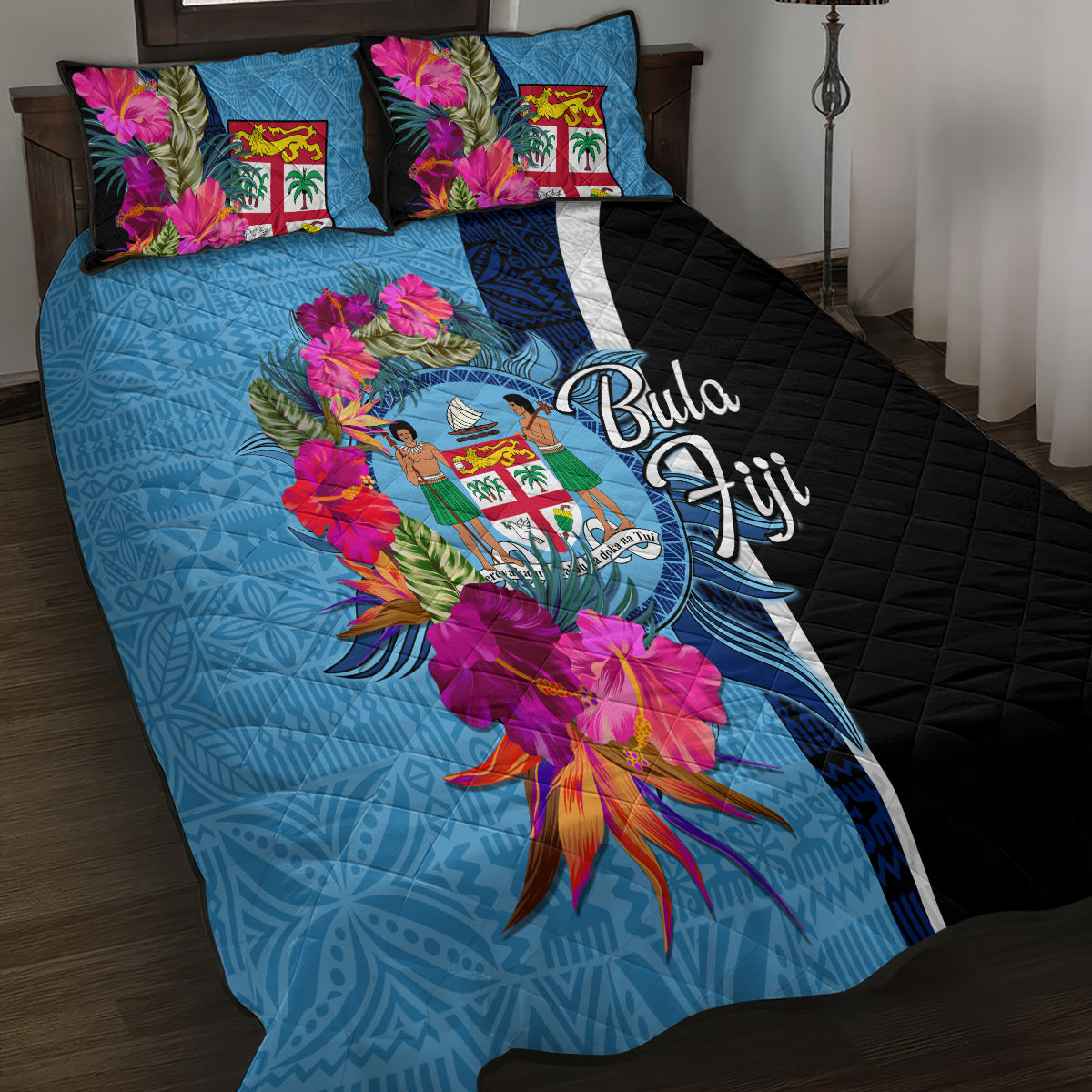 Bula Fiji Vintage Fijian Masi Pattern Quilt Bed Set Blue Unique LT9 - Polynesian Pride