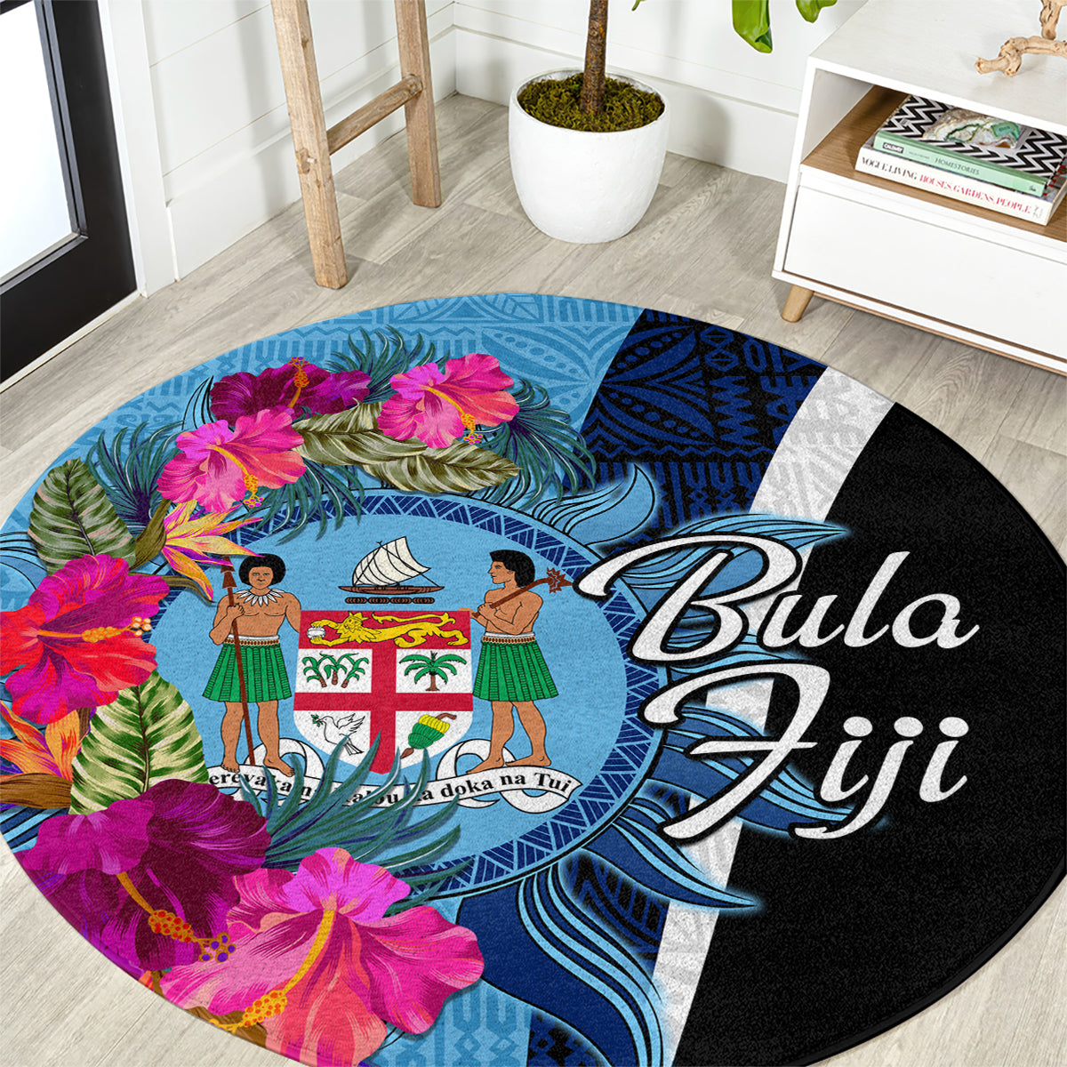 Bula Fiji Vintage Fijian Masi Pattern Round Carpet Blue Unique LT9 Blue - Polynesian Pride