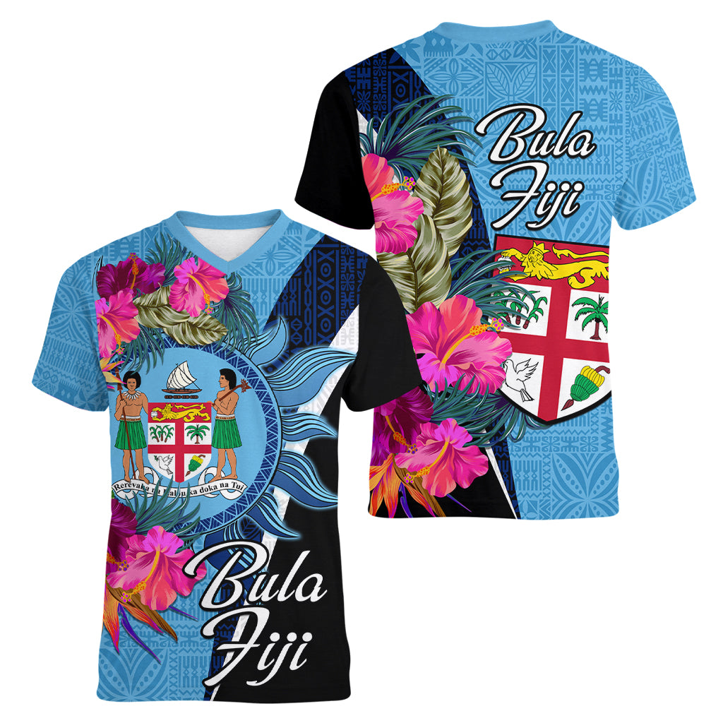Bula Fiji Vintage Fijian Masi Pattern Women V Neck T Shirt Blue Unique LT9 - Polynesian Pride