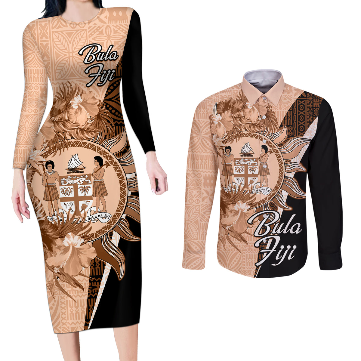Bula Fiji Vintage Fijian Masi Pattern Couples Matching Long Sleeve Bodycon Dress and Long Sleeve Button Shirt Peach Fuzz Unique LT9 Peach Fuzz - Polynesian Pride