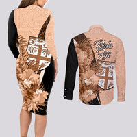 Bula Fiji Vintage Fijian Masi Pattern Couples Matching Long Sleeve Bodycon Dress and Long Sleeve Button Shirt Peach Fuzz Unique LT9 - Polynesian Pride