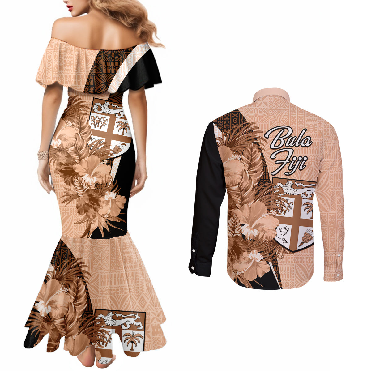 Bula Fiji Vintage Fijian Masi Pattern Couples Matching Mermaid Dress and Long Sleeve Button Shirt Peach Fuzz Unique LT9 - Polynesian Pride