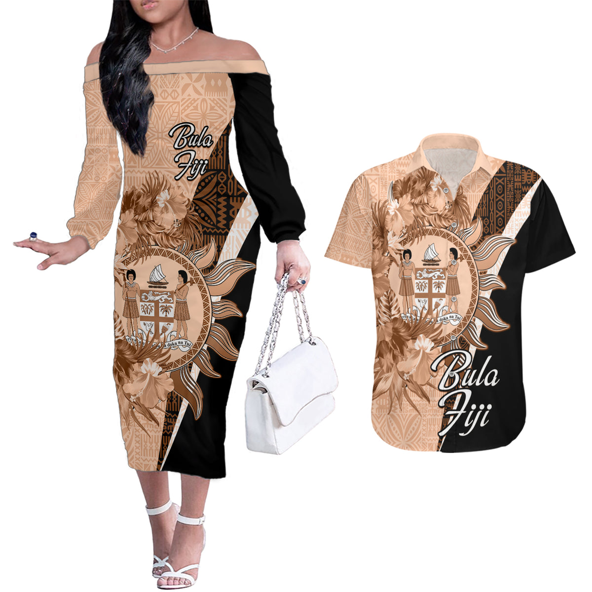 Bula Fiji Vintage Fijian Masi Pattern Couples Matching Off The Shoulder Long Sleeve Dress and Hawaiian Shirt Peach Fuzz Unique LT9 Peach Fuzz - Polynesian Pride