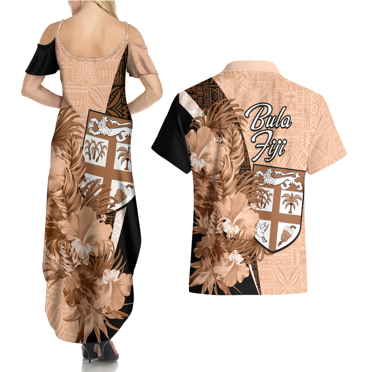 Bula Fiji Vintage Fijian Masi Pattern Couples Matching Summer Maxi Dress and Hawaiian Shirt Peach Fuzz Unique LT9 - Polynesian Pride