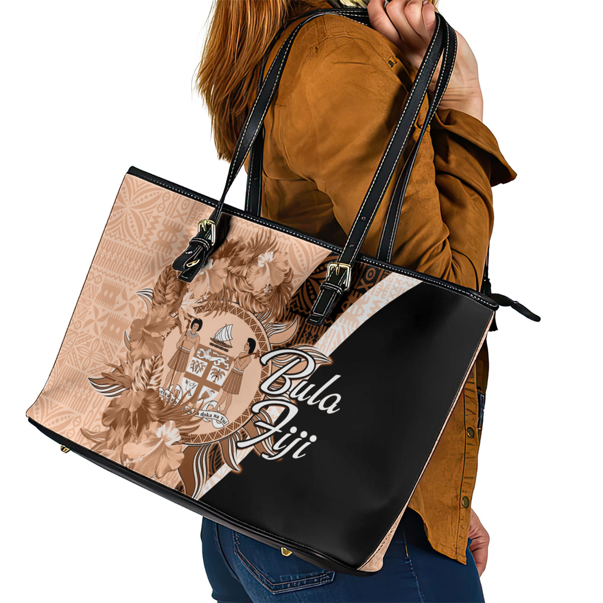 Bula Fiji Vintage Fijian Masi Pattern Leather Tote Bag Peach Fuzz Unique LT9 - Polynesian Pride