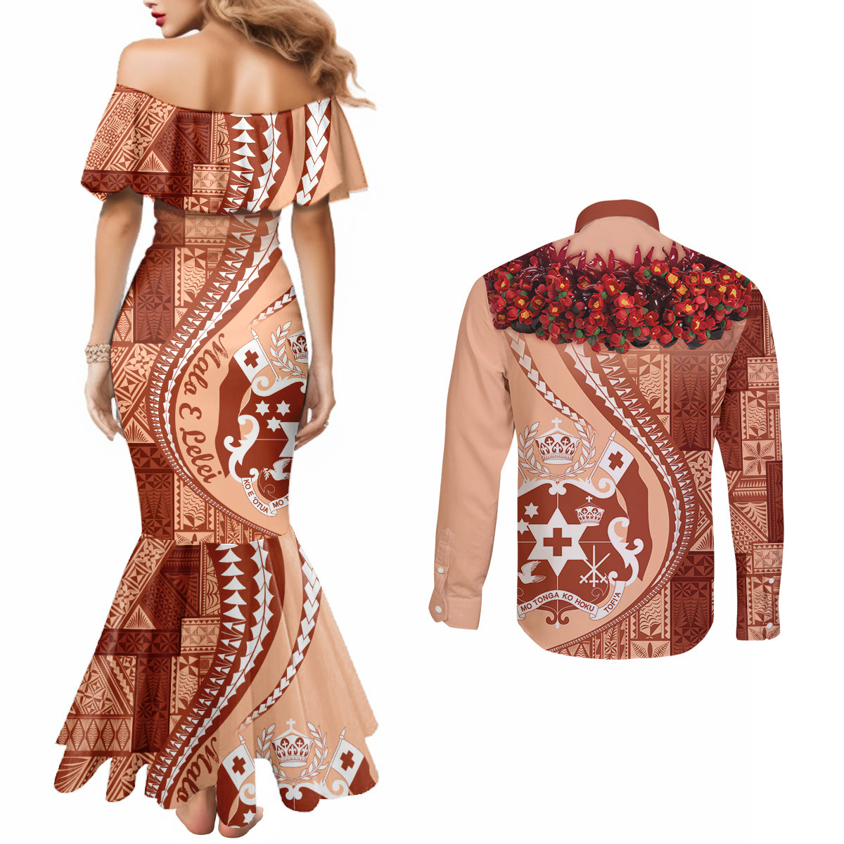 Vintage Tonga Kahoa Heilala Flower Couples Matching Mermaid Dress and Long Sleeve Button Shirt LT9 - Polynesian Pride